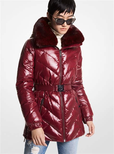 michael kors red coat black fur collar|michael kors puffer coat 2x.